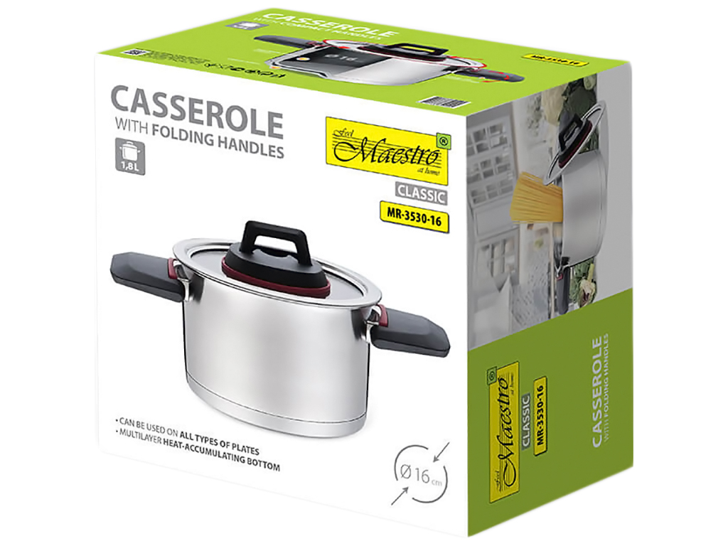 Кастрюля Maestro с крышкой, склад.ручки, 16см, 1,6л