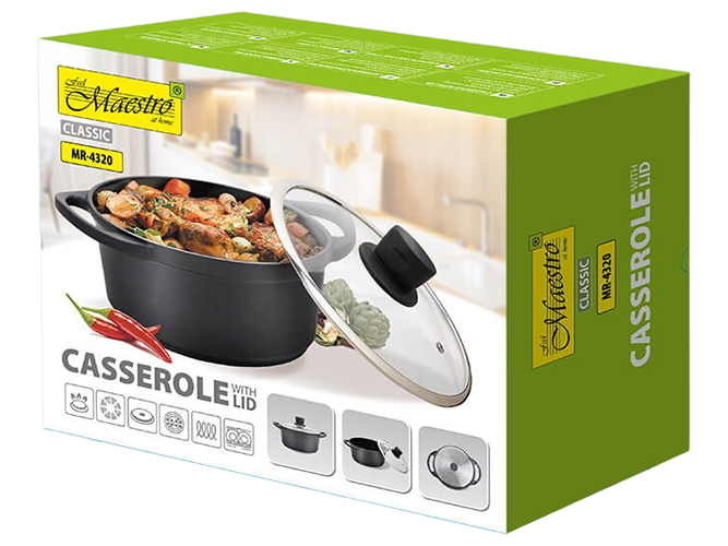 Кастрюля Maestro (Cast), со стеклянной крышкой, 2-х сл. антипригарное покрытие, 2,7л