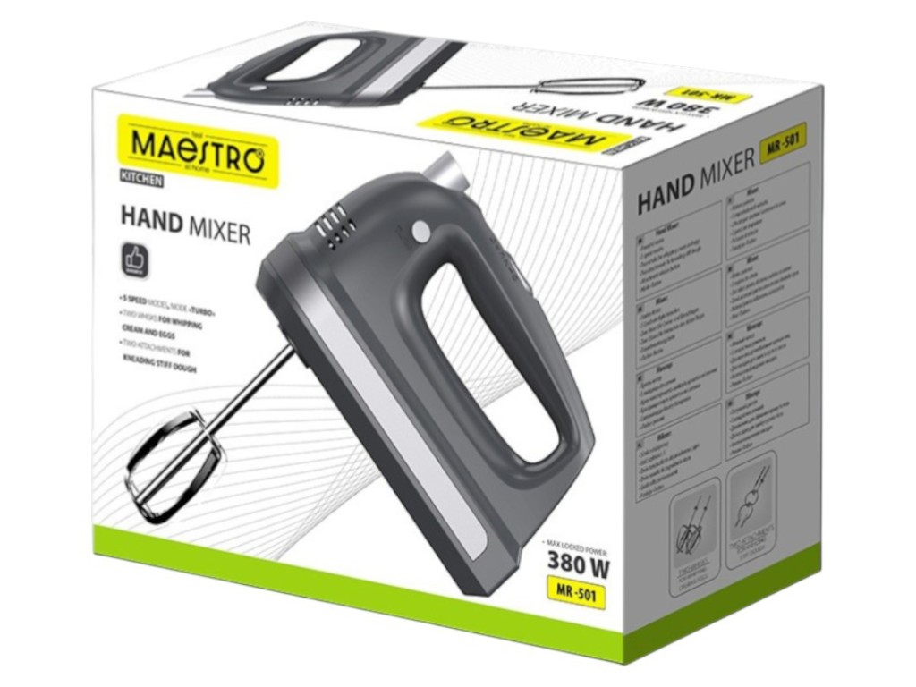Миксер ручной Maestro, две насадки, серый, 500 Вт