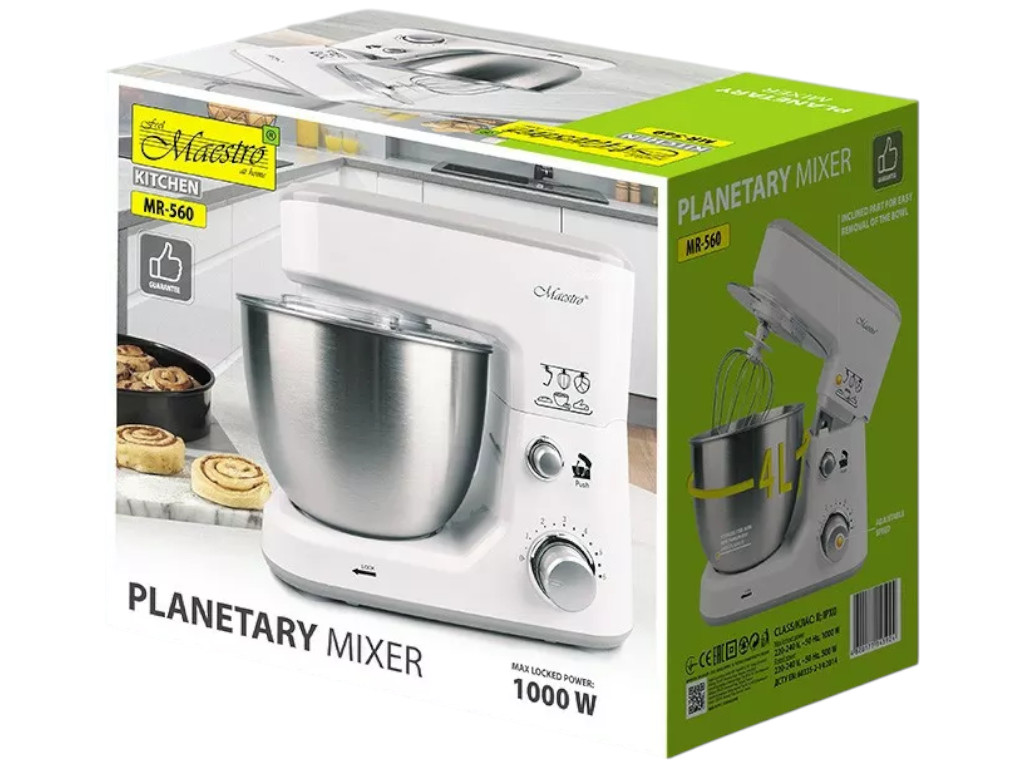 Міксер Maestro з нерж. знімною чашею, 3 насадки, кнопка блокування, планетарне обертання, 4л, 1000Вт