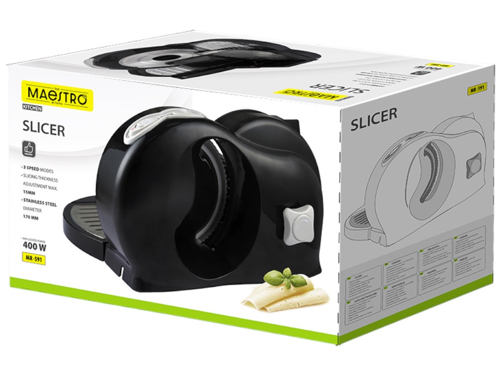 Слайсер Maestro, 400Вт, 220–240В, 50Гц, до 15мм, пластик, нержавеющая сталь, нож 170мм, цвет черный