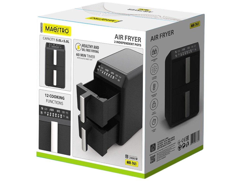 Аэрофритюрница Maestro, 2400Вт, 220–240В, 50–60Гц, с автоотключением, 10л (2×5л), цвет черный