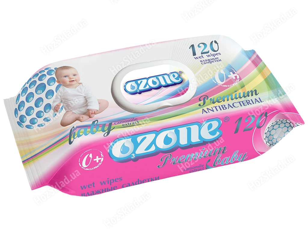 Вологі серветки дитячі антибактеріальні Ozone PREMIUM З екстр. ромашки 120шт клапан 