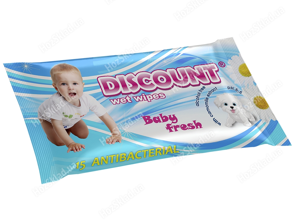 Влажные салфетки детские Discount C экстрактом ромашки антибактериальные 15 шт