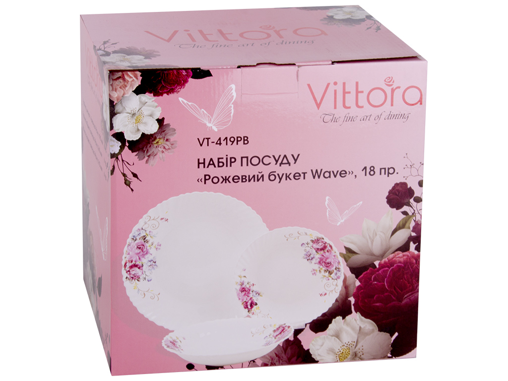 Набір посуду Vittora Wave Рожевий букет, зі склокераміки (ціна за 18 предметів) VT-419PB