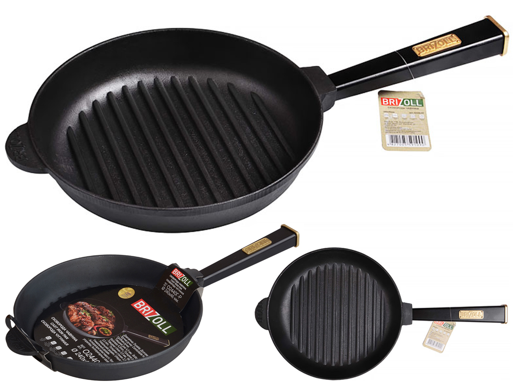 Сковорода-гриль чавунна Brizoll "Optima-Black" знімна ручка D24см, 46,4х25х4,8см О2440Г-Р1