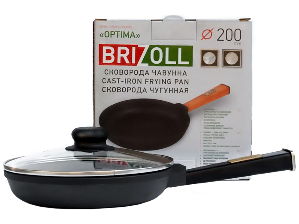 Сковорода чугунная со стеклянной крышкой Brizoll, 20х3,85см, с ручкой Optima-Black, O2035-P1-C