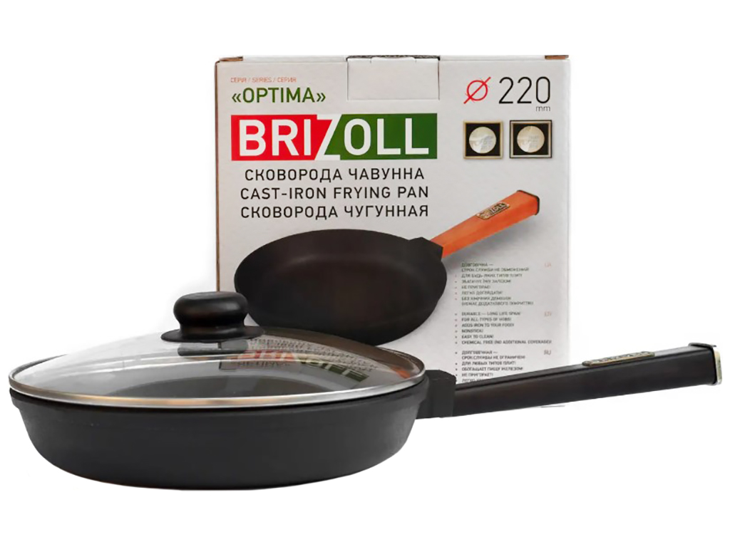 Сковорода чугунная со стеклянной крышкой Brizoll, 22х4,25см, с ручкой Optima-Black, O2240-P1-C