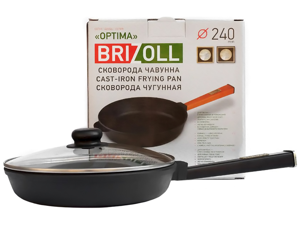 Сковорода чугунная со стеклянной крышкой Brizoll, 24х4,65см, с ручкой Optima-Black, O2440-P1-C
