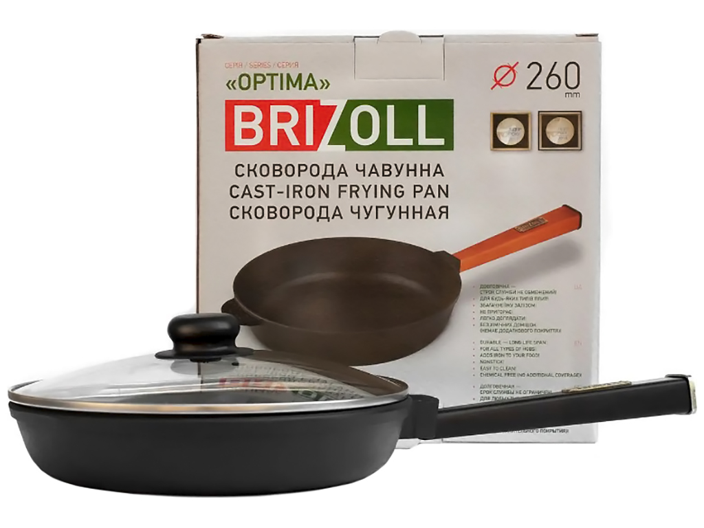 Сковорода чугунная со стеклянной крышкой Brizoll, 26х4,95см, с ручкой Optima-Black, O2640-P1-C