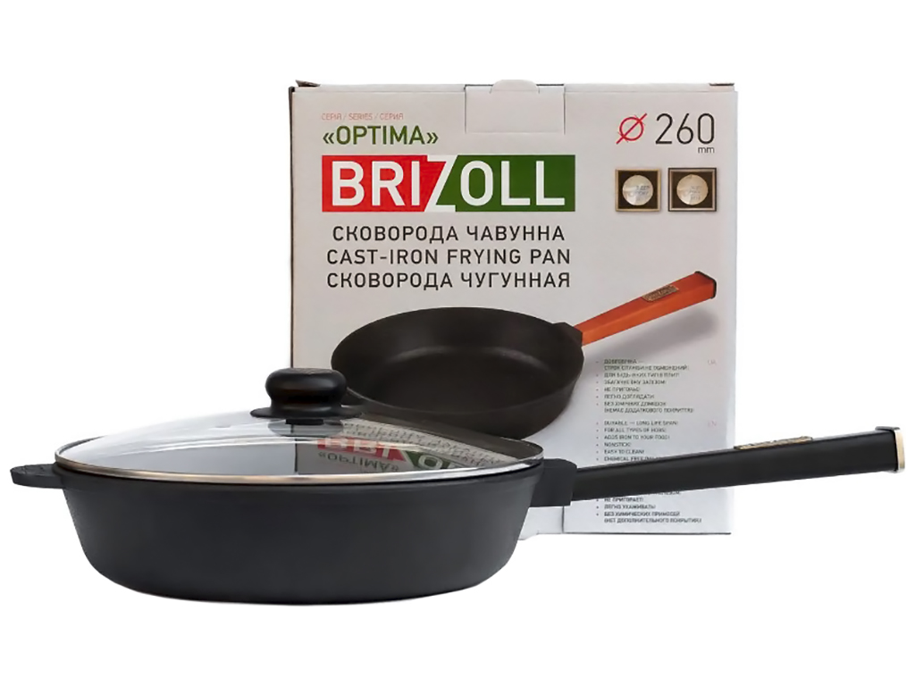 Сковорода чугунная со стеклянной крышкой Brizoll, 26х6,55см с ручкой Optima-Black, O2660-P1-C