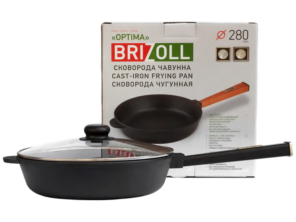 Сковорода чугунная со стеклянной крышкой Brizoll, 28х6,95см с ручкой Optima-Black, O2860-P1-C