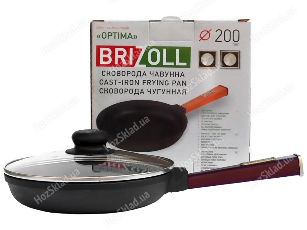 Сковорода чугунная со стеклянной крышкой Brizoll, 20х3,85см с ручкой Optima-Bordo, O2035-P2-C