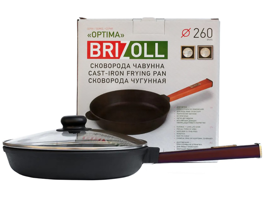 Сковорода чугунная со стеклянной крышкой Brizoll, 26х4,95см, с ручкой Optima-Bordo, O2640-P2-C