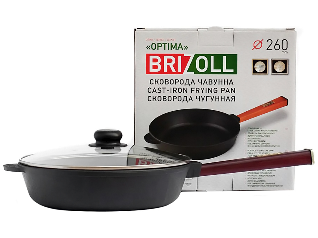 Сковорода чугунная со стеклянной крышкой Brizoll, 26х6,55см, с ручкой Optima-Bordo, O2660-P2-C