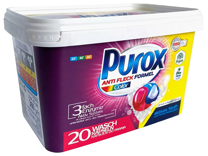 Капсулы гелевые для стирки Purox Color DuoСaps, 20шт