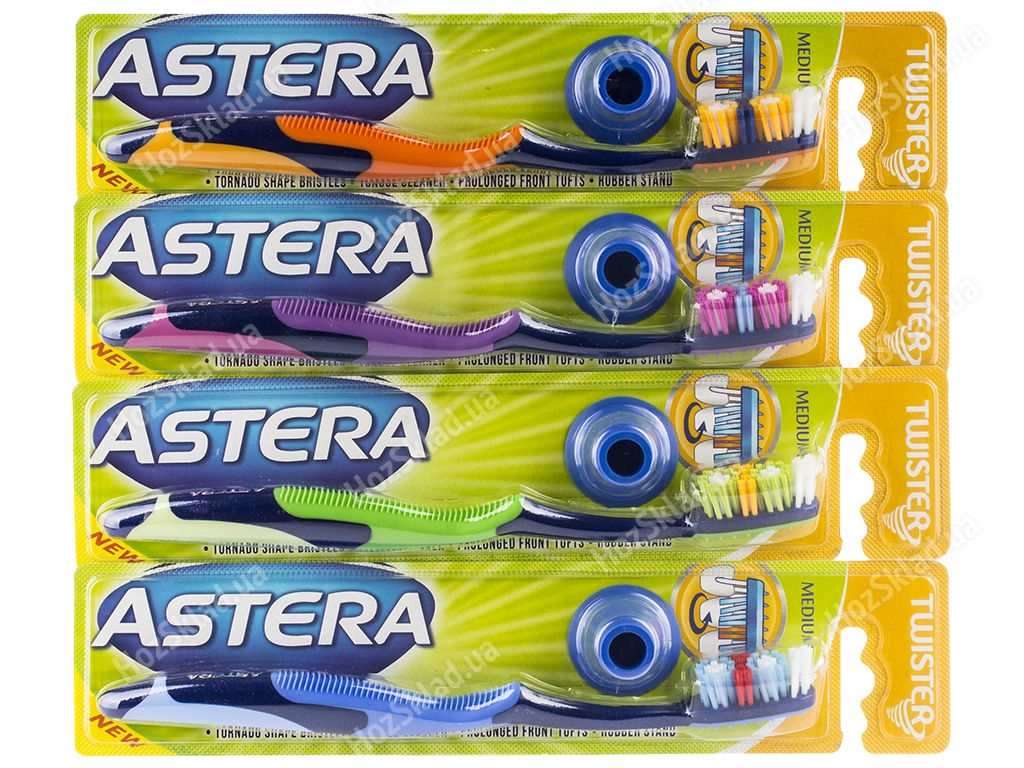 Зубная щетка Astera Twister medium с держателем, средней жесткости, цвета ассорти (цена за 1шт)