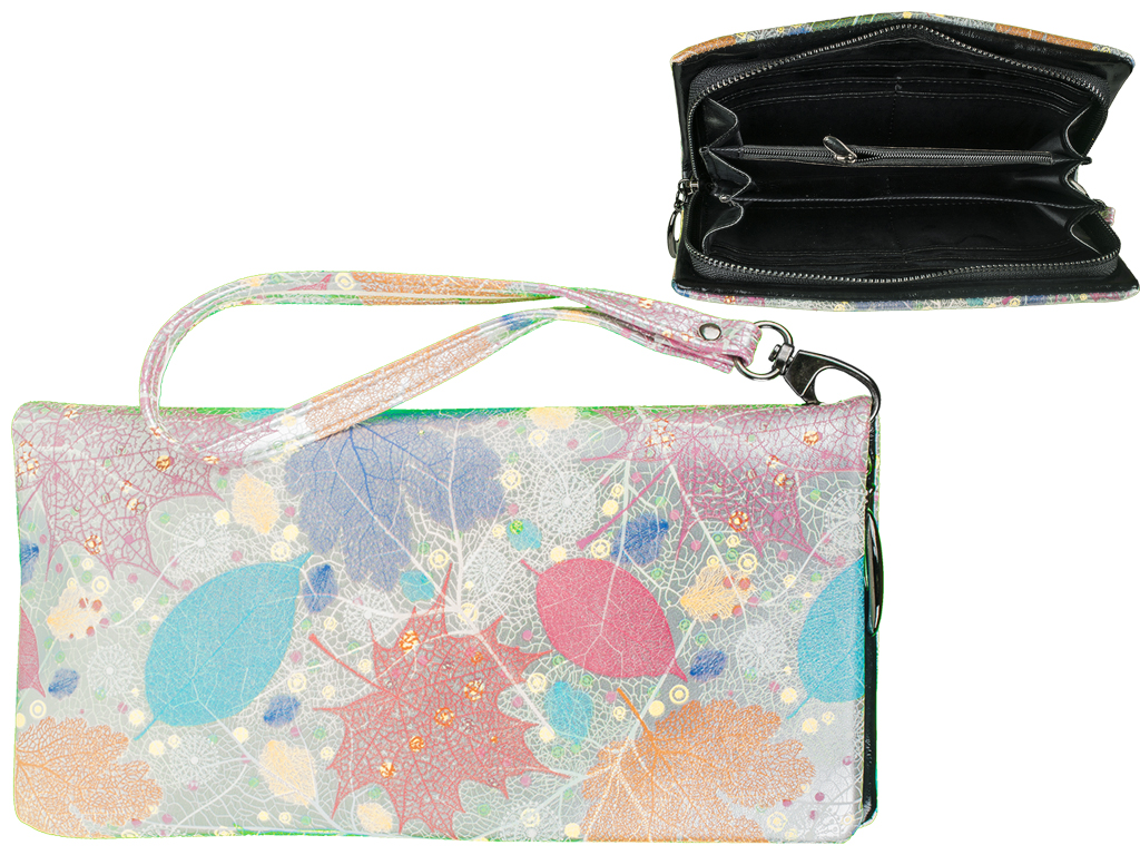 Гаманець-клатч жіночий кожзам. "Листочки" на змійці сріблястий 20х3,5х10см