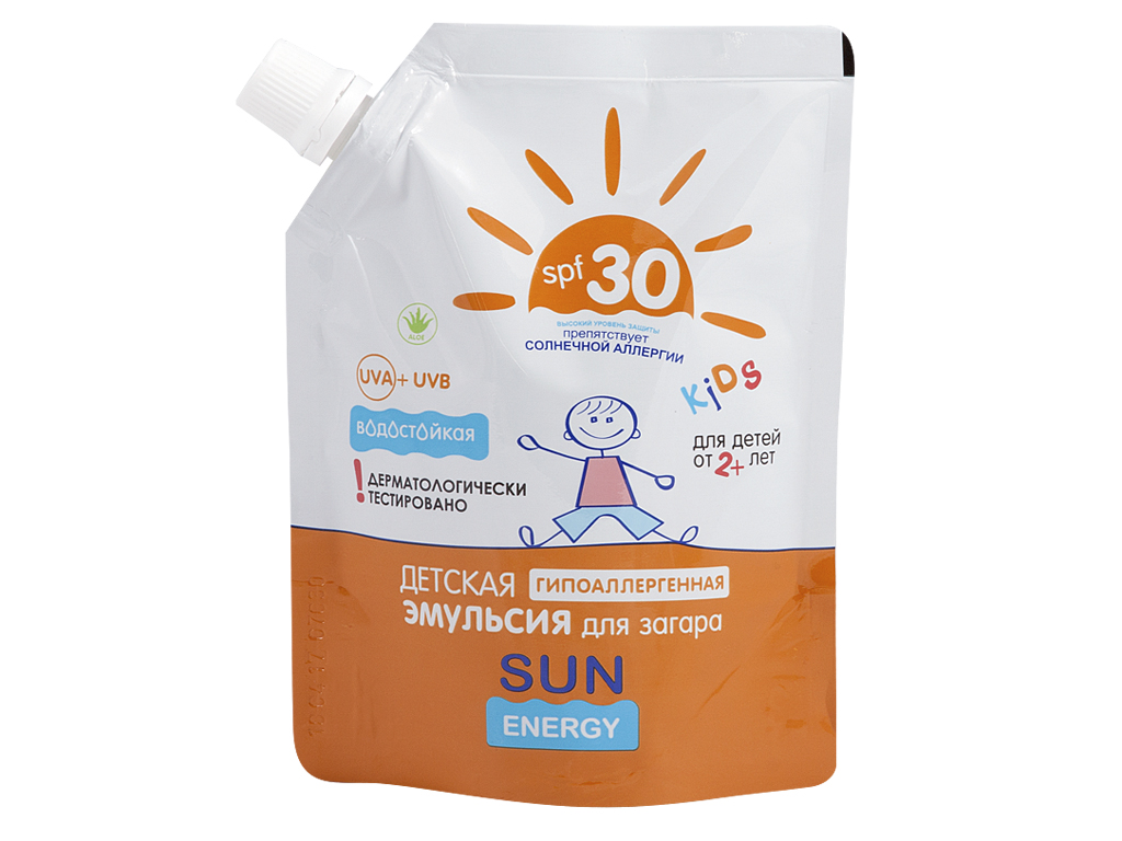 Детская гипоаллергенная эмульсия "Sun Energy" для загара водост. SPF 30+ дой-пак 200мл