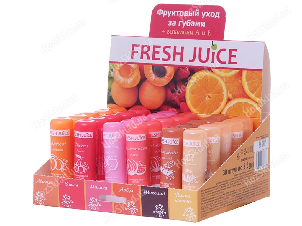 Набор фруктовых гигиенических помад Fresh Juice 30шт (6 ароматов по 5шт 3,6г)
