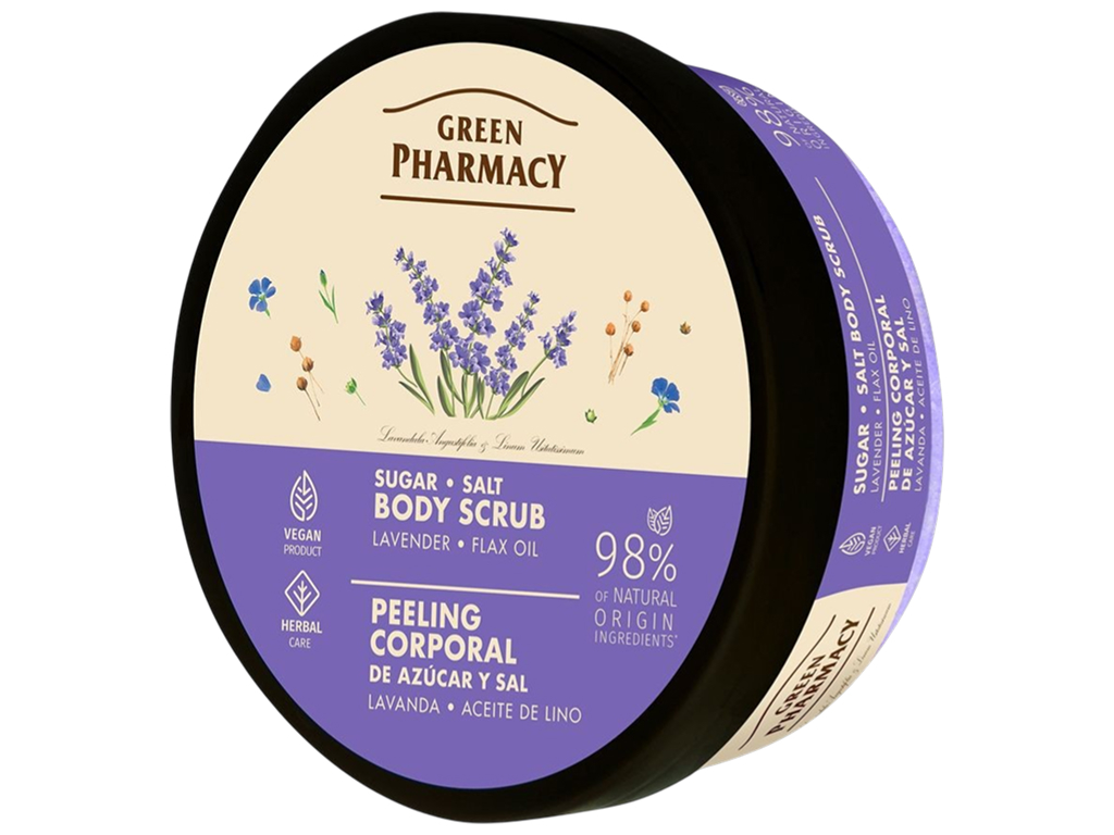 Скраб для тела Green Pharmacy, сахарно-солевой, с лавандой и маслом льна, 200мл