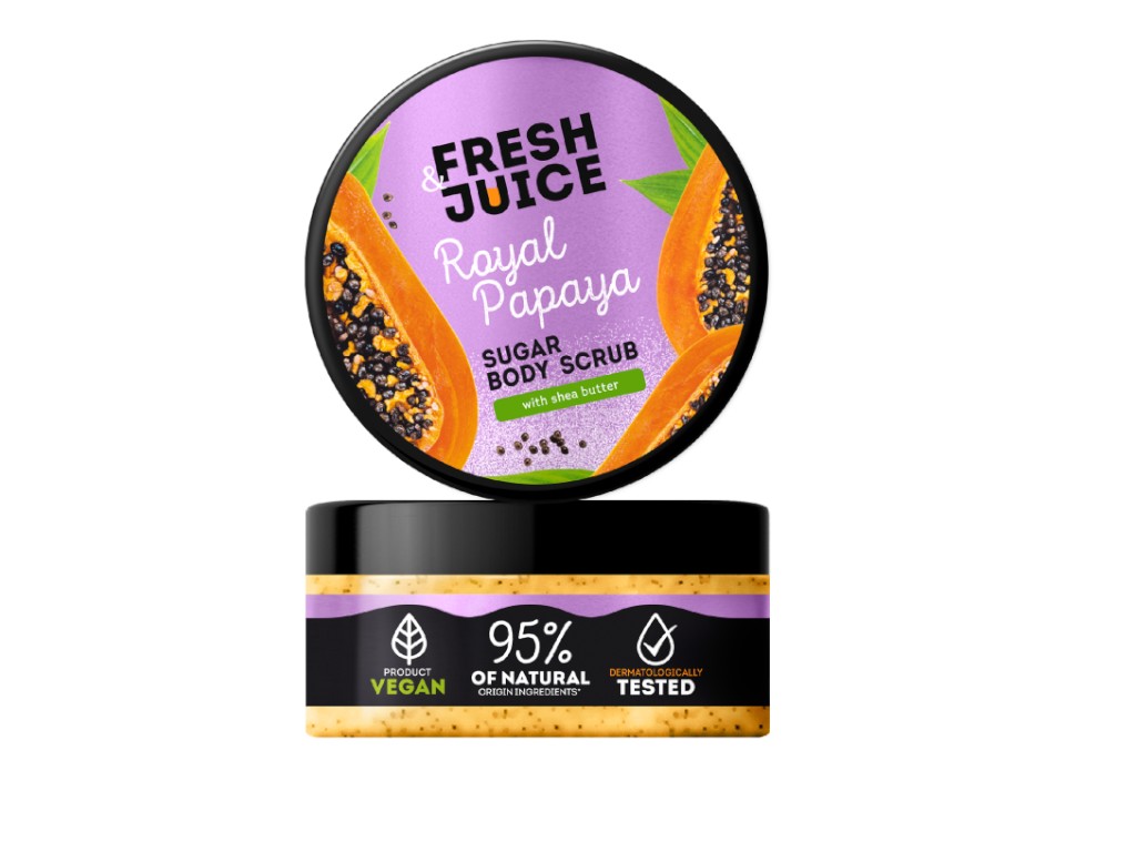 Скраб сахарный для тела Fresh Juice, Royal Papaya, с маслом ши и экстрактом папайи, 200мл