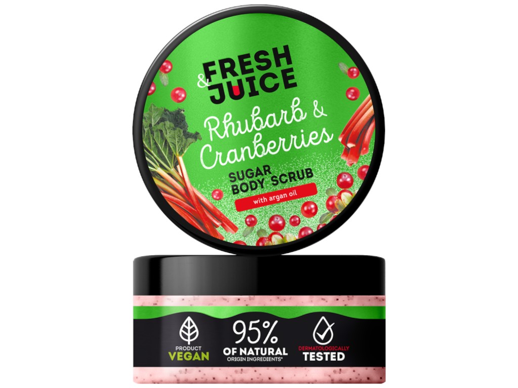 Скраб цукровий для тіла Fresh Juice, з олією аргани та екстрактами ревеню та журавлини, 200мл