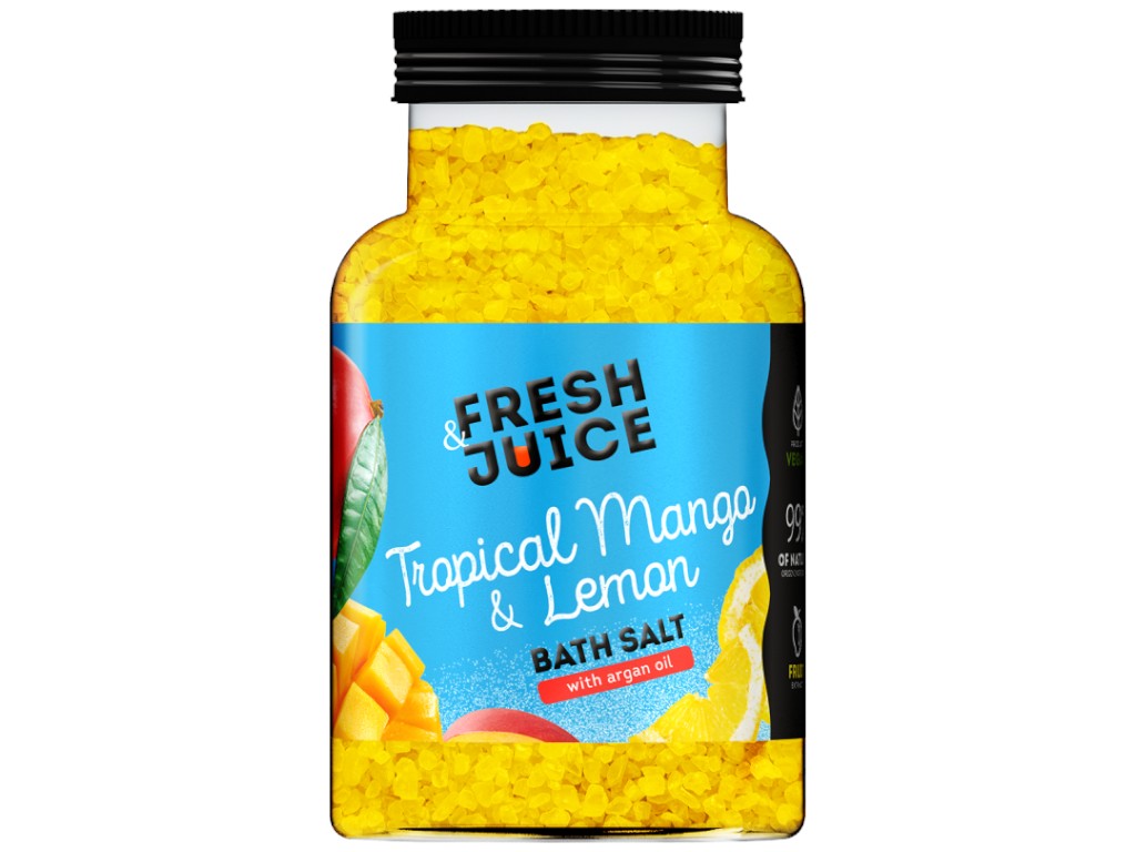 Соль для ванн Fresh Juice, Tropical Mango&Lemon, с маслом арганы и экстрактами манго и лимона, 700г