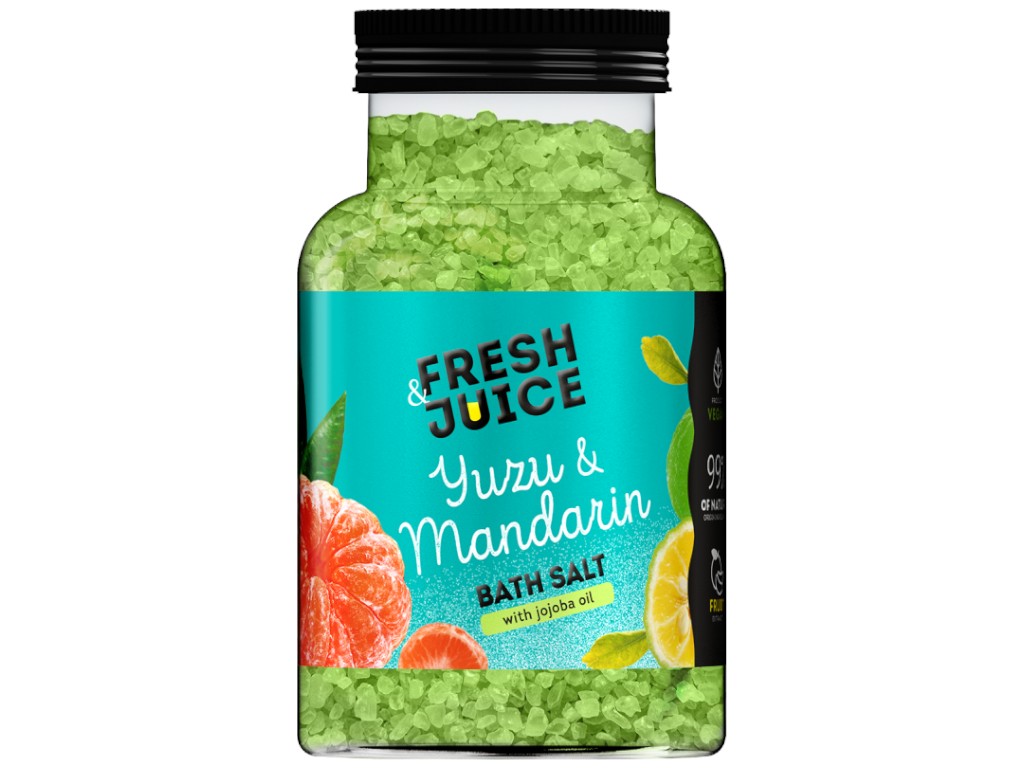 Сіль для ванн Fresh Juice, Yuzu & Mandarin, з маслом жожоба та екстрактами цитрусів, 700г