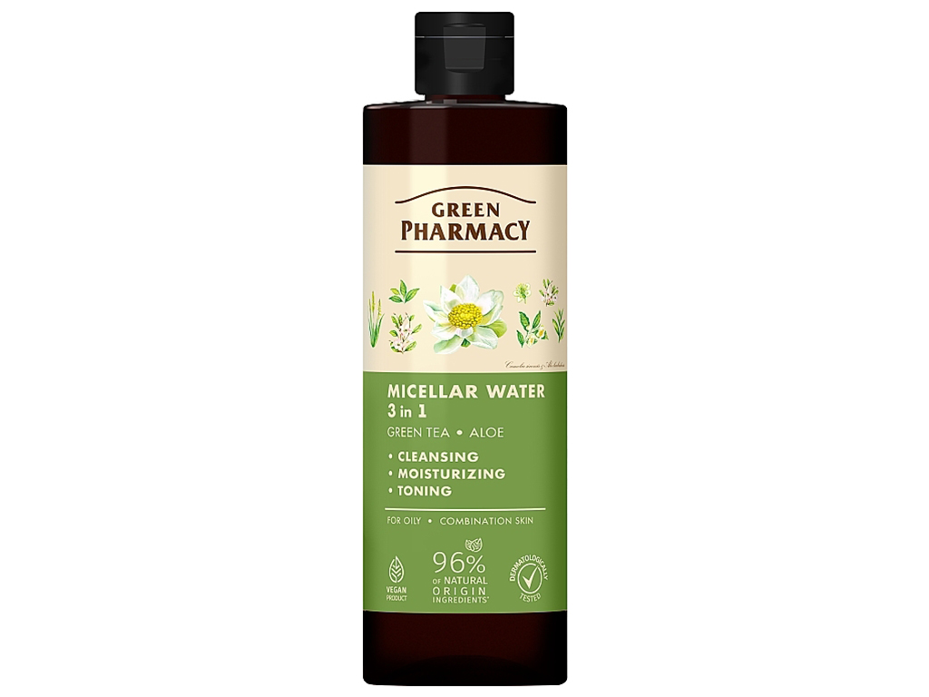 Міцелярна вода Green Pharmacy Зелений чай та алое 3в1, для жирної та комбінованої шкіри, 500мл