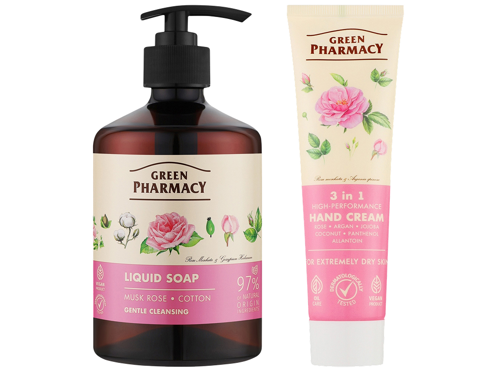 Набор Green Pharmacy, крем для рук и жидкое мыло, с мускусной розой и хлопком, 100мл + 460мл
