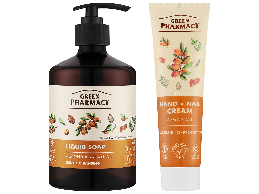 Набор Green Pharmacy, крем для рук и жидкое мыло, с миндалем и аргановым маслом, 100мл + 460мл