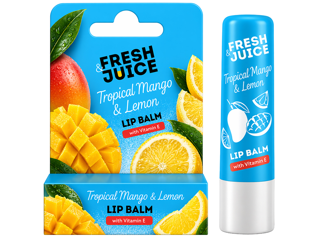 Бальзам для губ Fresh Juice, Tropical Mango&Lemon, з вітаміном Е, живлення, зволоження, захист, 3,6г
