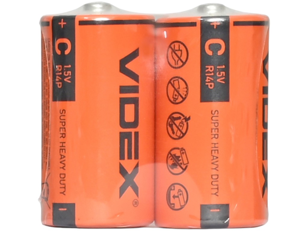 Батарейка Videx R14P Shrink, тип C, сольевая, 1.5V, 26,2×50мм, цвет оранжевый (цена за спайку 2шт)