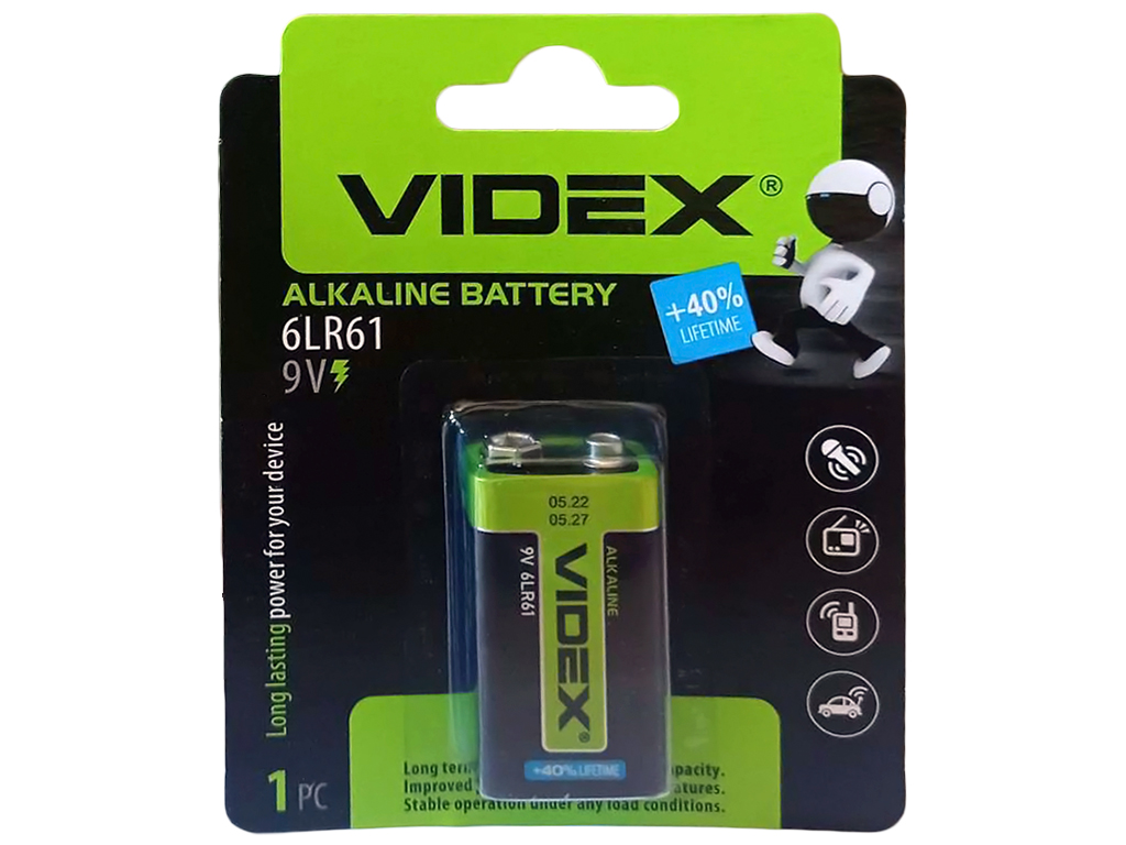 Батарейка алкалінова Videx Alkaline 9V, 6LR61, 1604 (ціна за 1шт на блістері)
