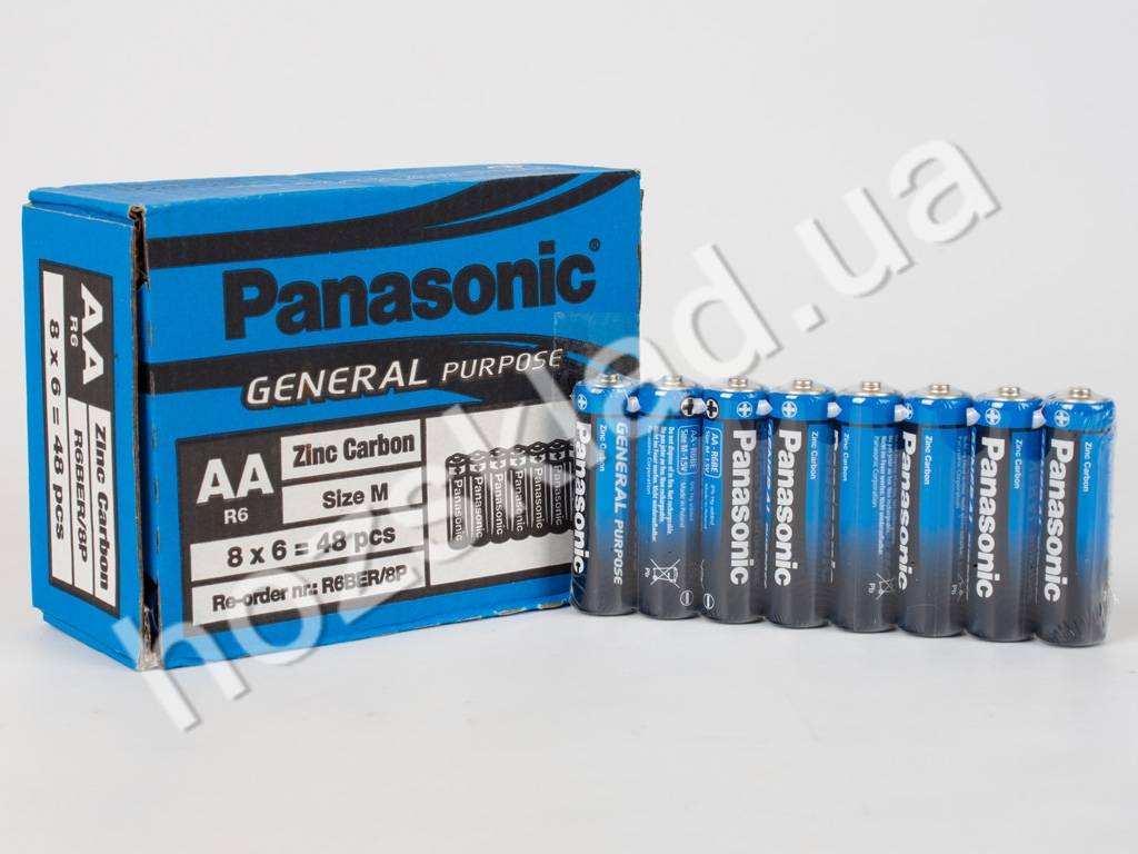 Батарейка сольова Panasonic General Purpose, 1.5V, AA, R6BE (ціна за упаковку 48шт, 6 спайок по 8шт)