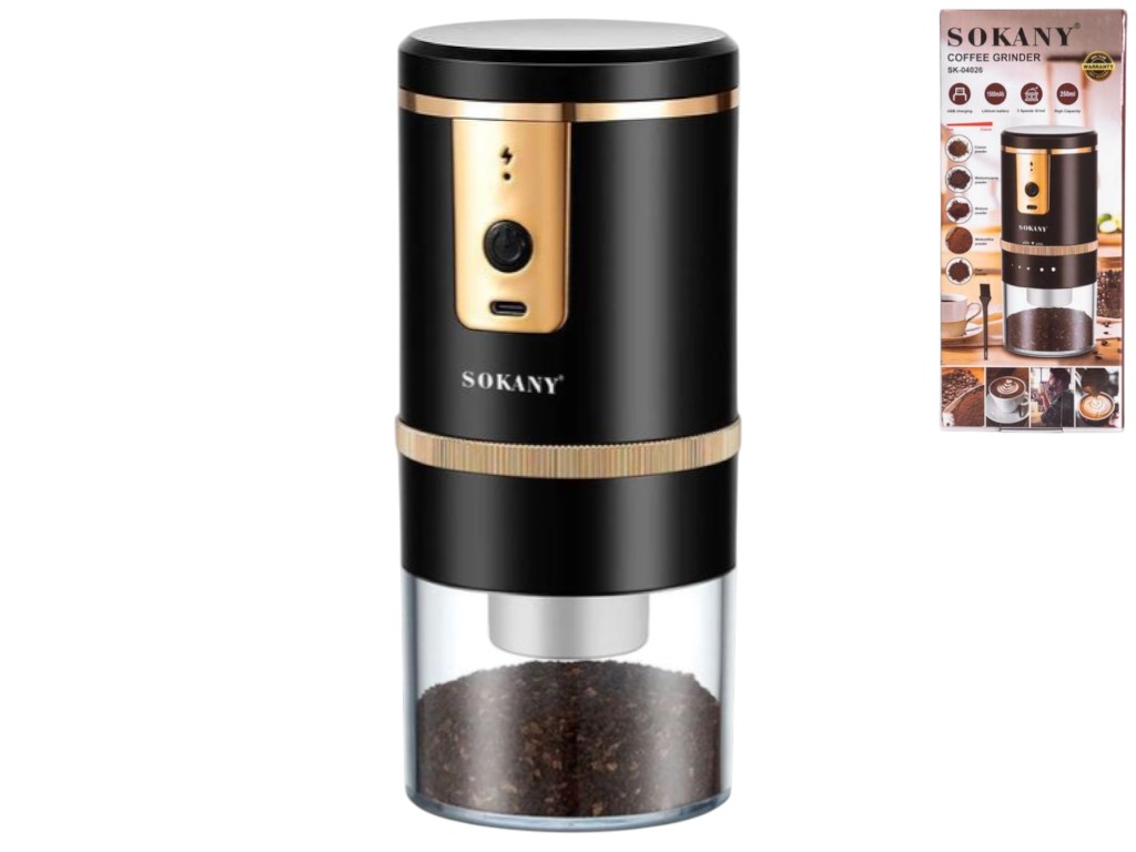 Кофемолка электрическая Sokany, 800Вт, 250мл, 5 степеней помола, 1500 mah, usb зарядка, цвет черный