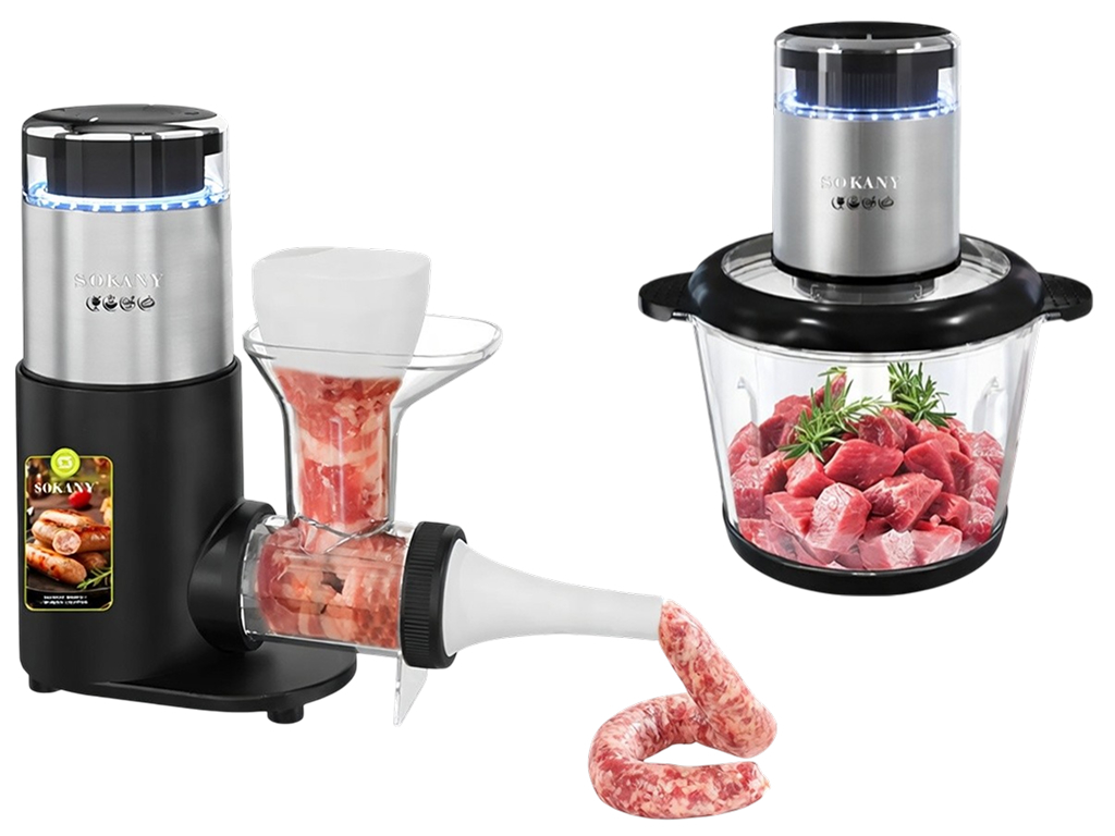 Измельчитель кухонный Sokany SK-06050, 2в1, мясорубка и чоппер, 1000Вт, чаша 2.5л
