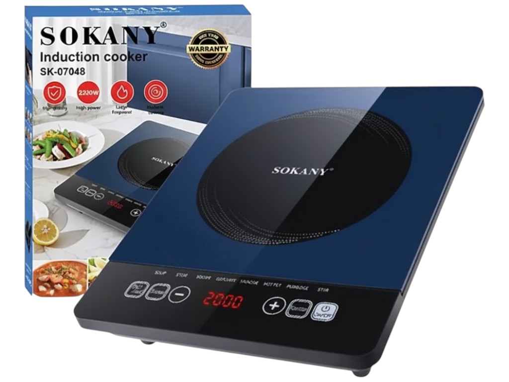 Плита индукционная Sokany, 2200Вт, сенсорное управление, стеклокерамика, 35×28×8,5см, цвет синий