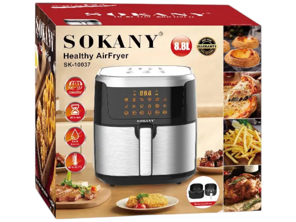 Аэрофритюрница Sokany, сенсорная, 1200Вт, пластик, 8,8л, 33×28×31см, цвет черно-серебристый