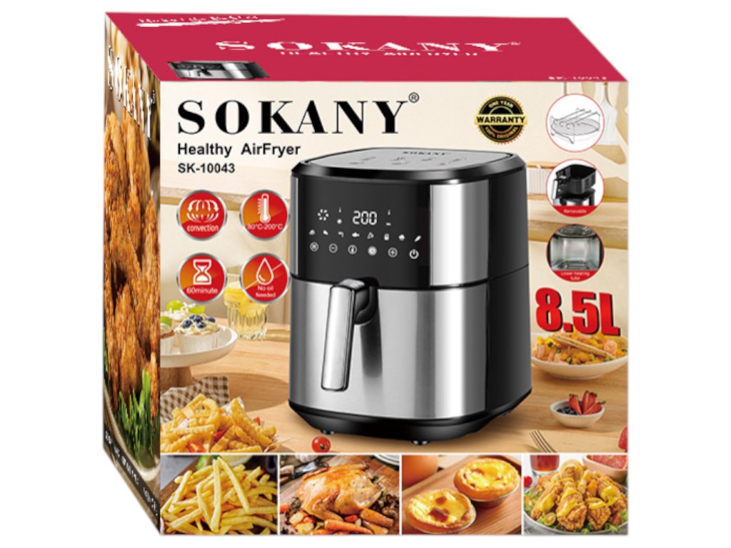 Аэрофритюрница Sokany, 2000Вт, электронное управление, 8,5л, 80–200°C, 60 мин, сталь с черным