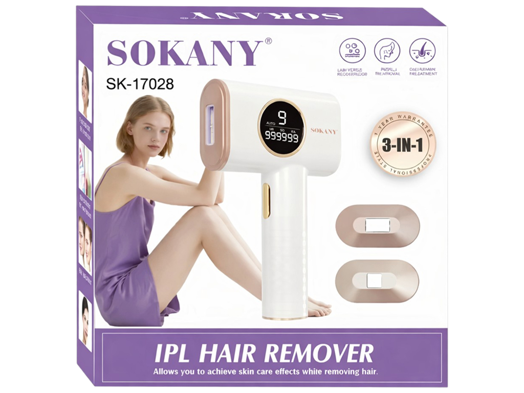 Лазерный эпилятор Sokany SK-17028, 9 уровней интенсивности, LCD дисплей, распознавание кожи, белый