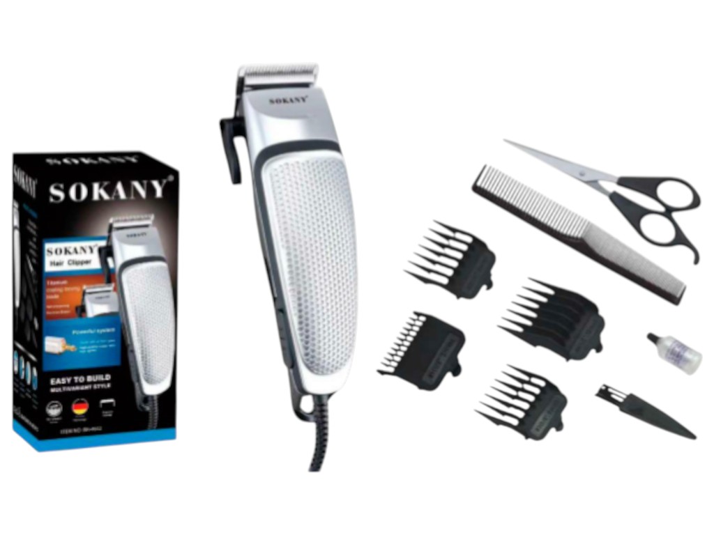 Машинка для стрижки Sokany, провідна, 4 насадки, довжина 3/6/9/12мм, титанове покриття, колір срібло