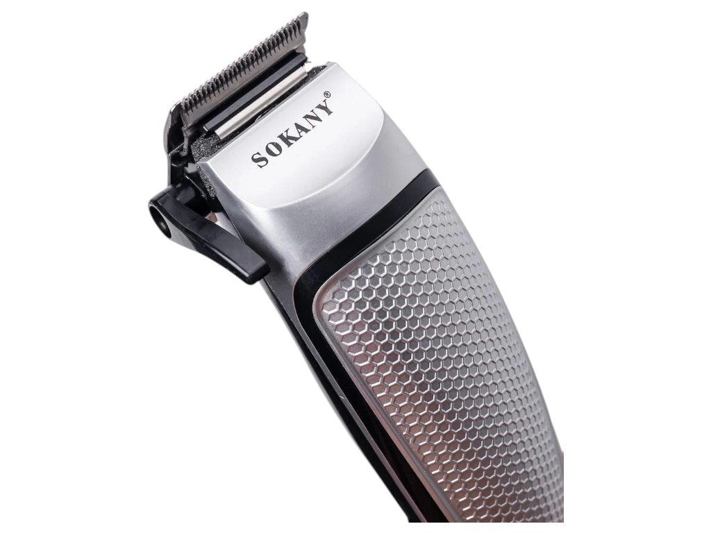 Машинка для стрижки Sokany, провідна, 4 насадки, довжина 3/6/9/12мм, титанове покриття, колір срібло
