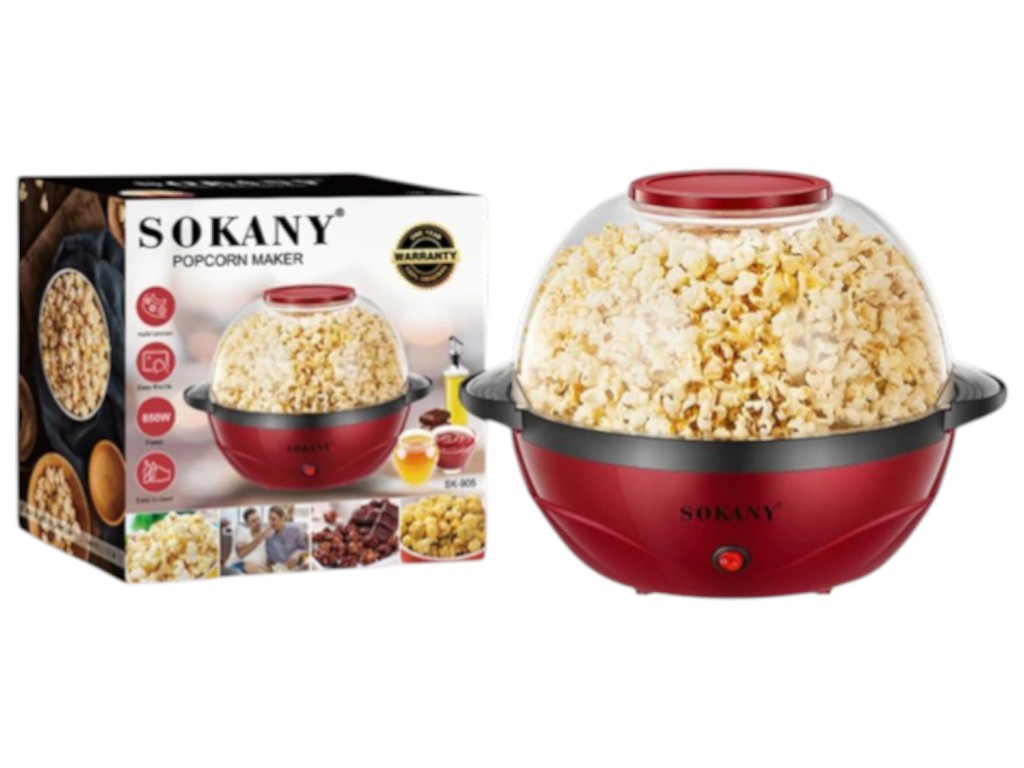 Машина для попкорну Sokany, 850Вт, об'єм 3,6л, механічне керування, 86×35,2×69см, колір червоний