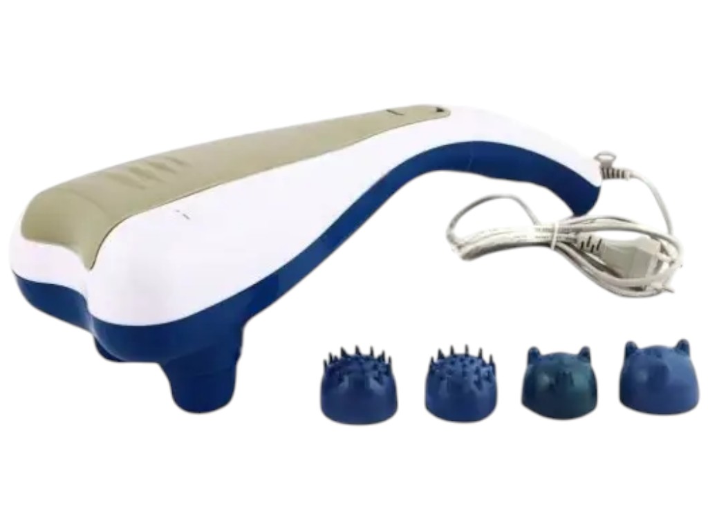 Масажер ударно-вібраційний з підігрівом, 28Вт, 4 насадки, 2 режими, пластик, колір білий з синім