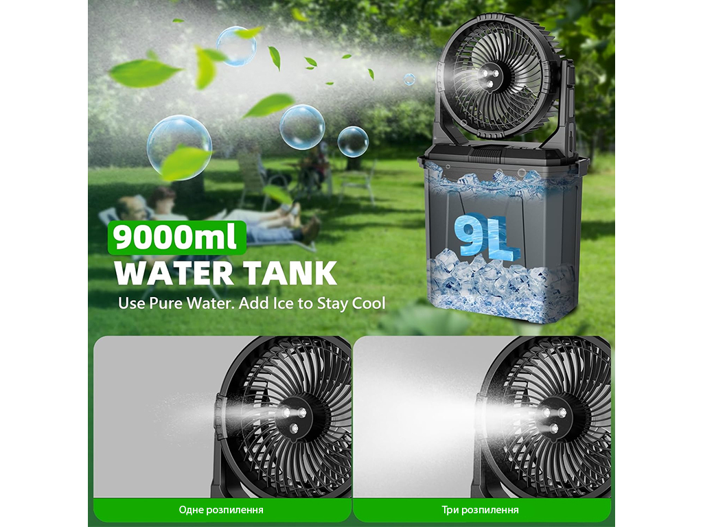 Вентилятор портативный, с распылением воды, аккумулятор, резервуар 9л, RGB подсветка, цвет зеленый
