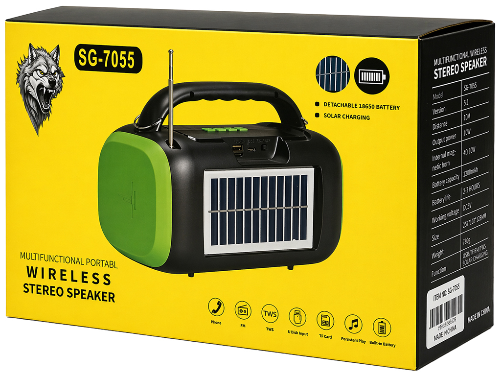 Колонка беспроводная, Bluetooth 5.1, солн. панель, аккумулятор 1200мАч, пластик, 23,4×11,8×15,5см