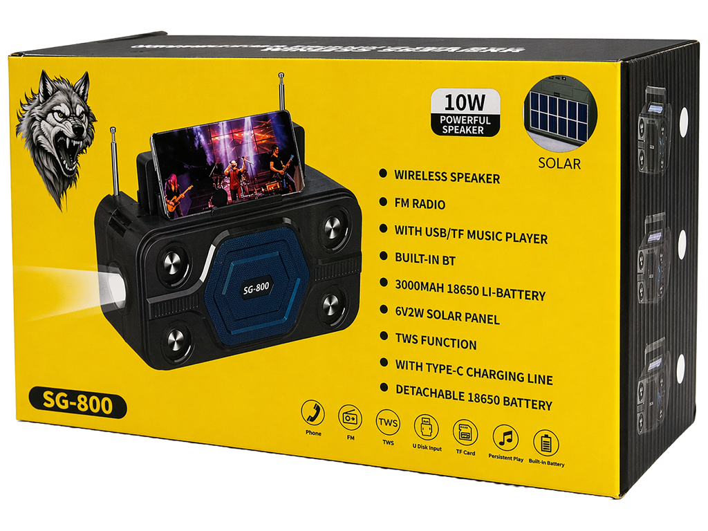 Колонка беспроводная, Bluetooth 5.1, солнечная панель, аккумулятор 3000 мАч, 26,5×11,3×15,1см