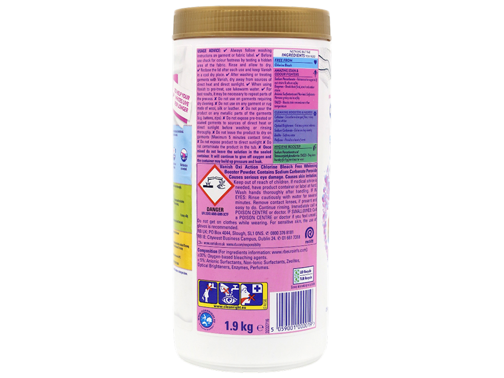 Відбілювач Vanish Oxi Action Crystal White для білої та світлої білизни, порошок, 1,9 кг